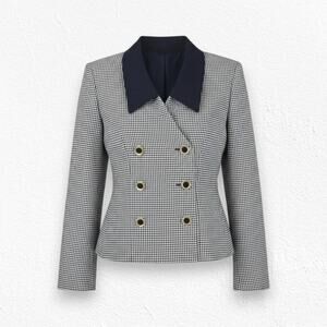 90s Vintage Black White Check Plaid Double Breasted Kasper Blazer Jacket Size 4